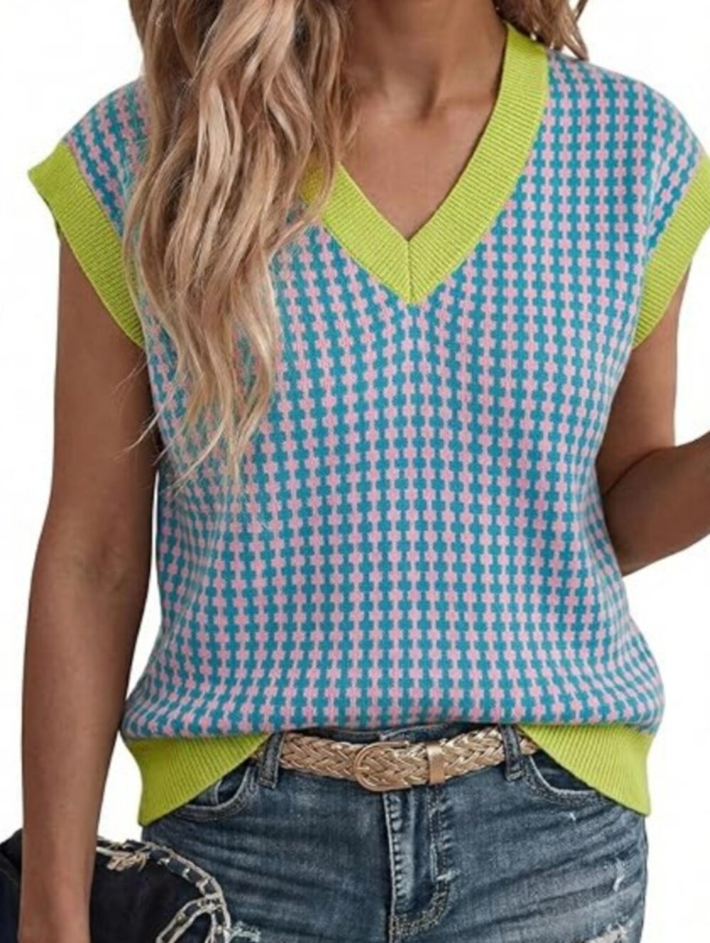 Bold Check Knit V-Neck Sleeveless Top in Teal & Pink with Lime Trim Size Medium